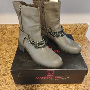Material Girl Gray Mid-Calf Ankle Boots with Chain Accent